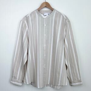 ASOS Men's Linen Cotton Beige Stripe Band Collar Summer Button-Up Shirt 3XL